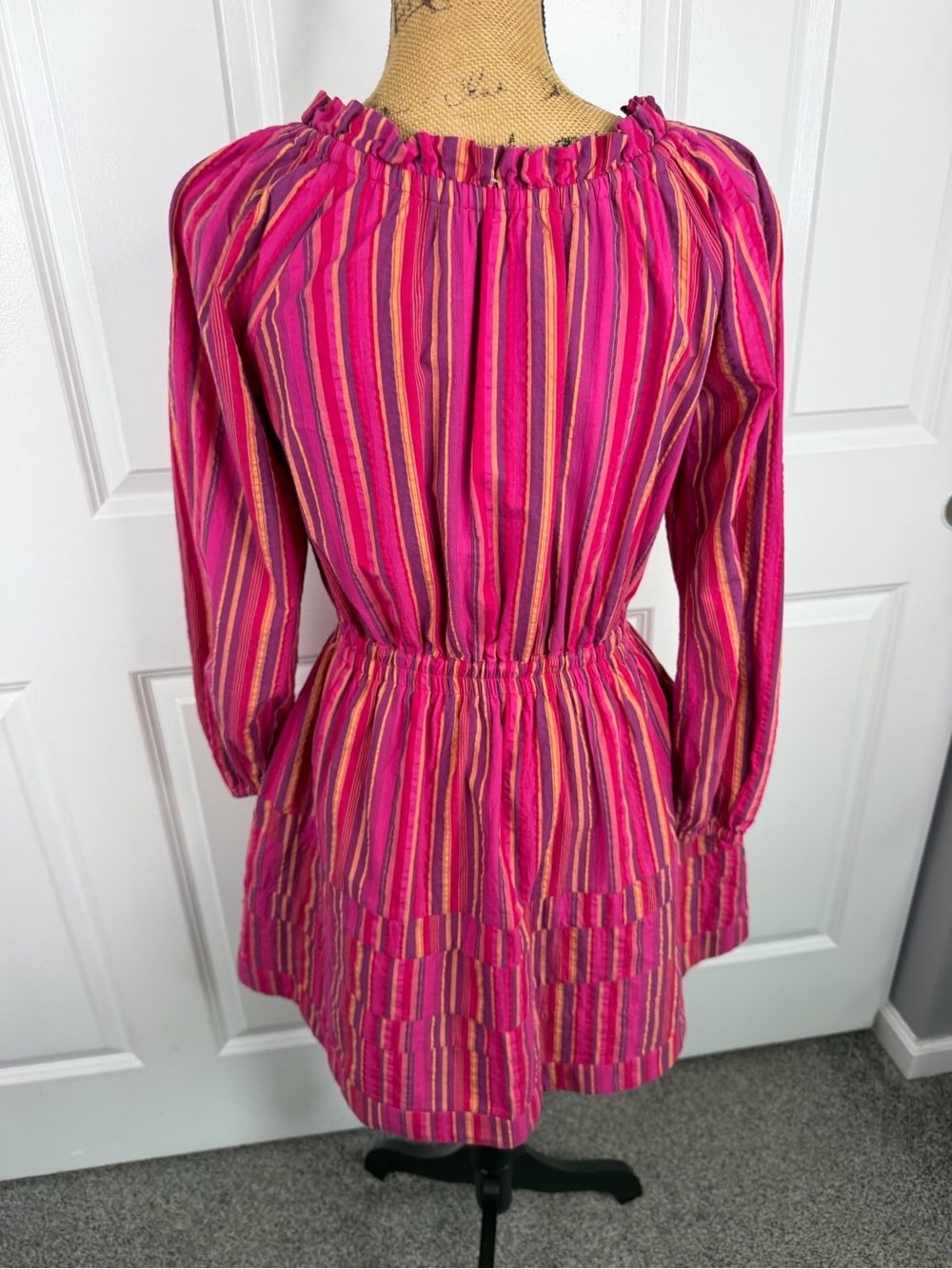 BURU Size S Pink Striped Cotton Long Sleeve Tiered Mini Dress - Picture 9 of 11